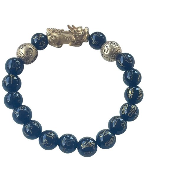 Feng Shui Black Obsidian Bead Bracelet with Gold Pixiu Charm for Protection and - Picture 6 of 6